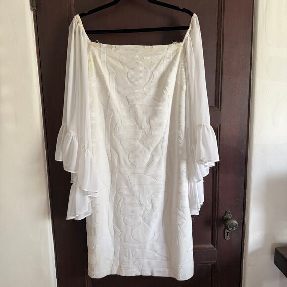 JOSEPH RIBKOFF | White Off Shoulder Sheath Dress Chiffon Ruffle Bell Sleeves 12 - Picture 1 of 6